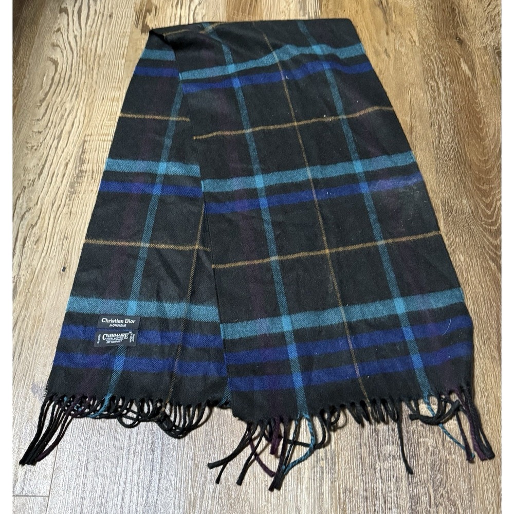 VINTAGE Christian Dior Monsieur Cashmaire 100% Acrylic Scarf PLAID FRINGE